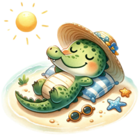 AI generated Cute crocodile sunbathing at the beach watercolor clipart .AI Generate png