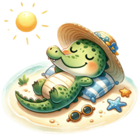 ai gerado fofa crocodilo banhos de sol às a de praia aguarela clipart .ai gerar png