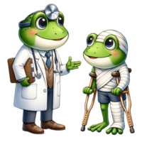 ai generado rana médico y rana con muleta enseñando recuperación acuarela clipart. ai generado png