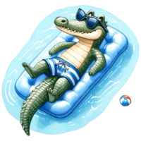 AI generated Cute crocodile floating on inflatable mattress in blue pool water watercolor clipart .AI Generate png