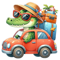 ai genererad söt krokodil körning en bil packade med bagage för en sommar Semester äventyr vattenfärg ClipArt .ai generera png