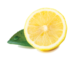 Front view of yellow lemon half with green leaf and drop isolated with clipping path and shadow in png file format