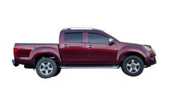 Side view of red pickup truck isolated with clipping path in png file format