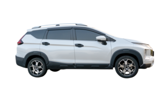 Side view of single white SUV car isolated with clipping path in png file format