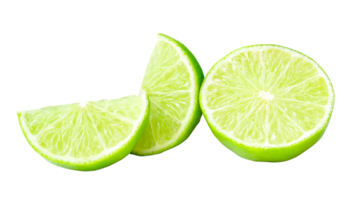 Front view of fresh green lemon half with slices or quarters isolated with clipping path in png file format