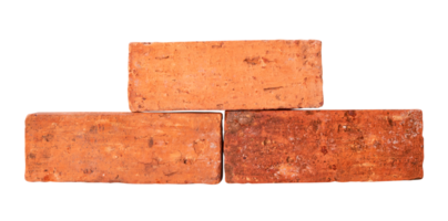 Front view of old cracked red or orange bricks in stack isolated with clipping path in png file format