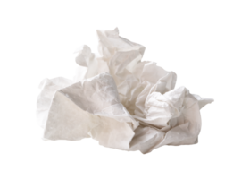 Front view of white crumpled tissue paper ball after use in toilet or restroom isolated with clipping path in png file format