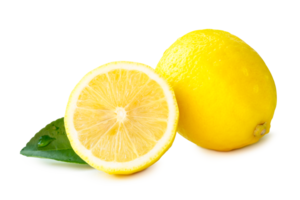 Front view of yellow lemon fruit with slice and green leaf isolated with clipping path and shadow in png file format