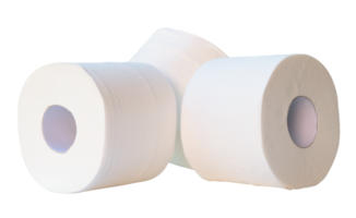 Front view of white tissue paper or toilet paper rolls in stack isolated with clipping path in png file format