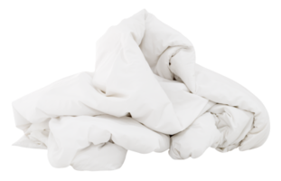 Front view of white crumpled blanket ball or bedclothes after guest use in hotel or resort room leaved untidy and dirty isolated with clipping path in png file format