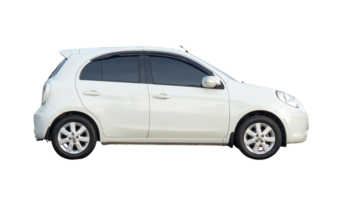 Side view of single small or mini white car isolated with clipping path in png file format