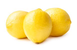 Three whole fresh beautiful yellow lemons in stack isolated with clipping path and shadow in png file format