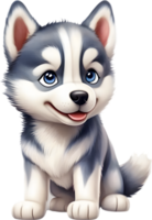 AI generated Watercolor drawing of a cute Siberian husky dog in cartoon style. png