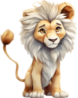 ai genererad vattenfärg teckning av en söt lejon i tecknad serie stil. png