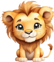 ai généré aquarelle dessin de une mignonne Lion dans dessin animé style. png