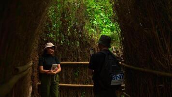 dois exploradores com uma Câmera e mapa navegação uma exuberante verde floresta trilha. video