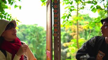 Two tourists in casual wear discussing inside a traditional wooden structure with greenery in the background. video