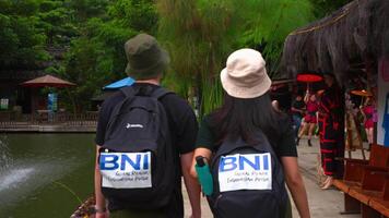 Rear view of a couple wearing hats looking at a street market surrounded by greenery. video