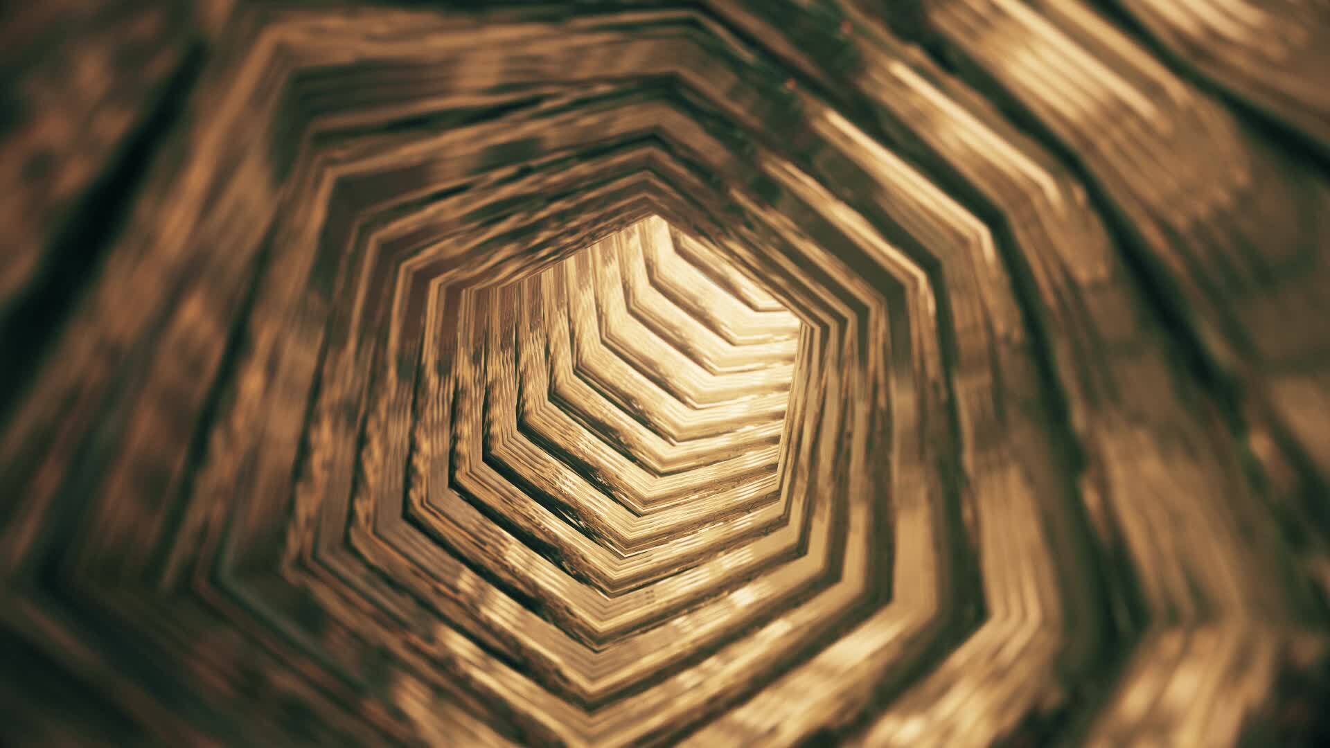 Flying through an empty bright shiny metallic tunnel of golden ...