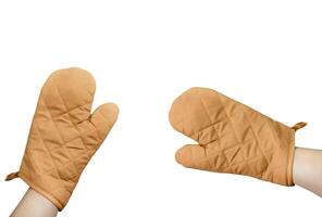 mano con marrón guantes aislado en blanco antecedentes foto