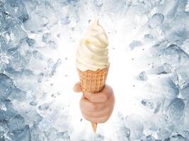 Soft ice cream in hand on background of broken ice photo