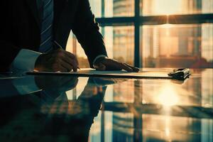 AI generated A person signing a document at a desk. Business agreement, terms and conditions, commitment concept photo