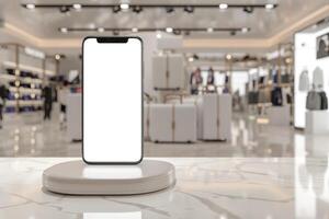 ai generado un teléfono inteligente con un blanco pantalla encaramado en un redondo pedestal dentro un espacioso y elegante Al por menor tienda foto