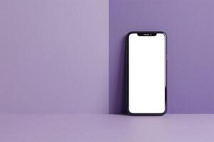 AI generated Smartphone with a blank screen standing against a textured purple wall, showcasing a modern look for presentation photo