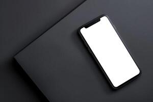 AI generated Black smartphone with blank screen lying on a textured dark surface, angled for a sleek presentation photo