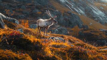 ai generado un majestuoso ciervo soportes en un cresta con el dorado ligero de puesta de sol destacando el otoño follaje foto