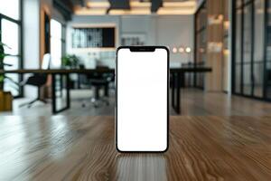 AI generated Smartphone with a blank screen standing on a wooden office table, blurring into a modern workspace background photo