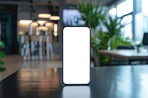 ai generado teléfono inteligente con un blanco pantalla en pie en un de madera oficina mesa, borrón dentro un moderno espacio de trabajo antecedentes foto