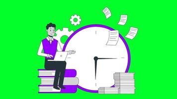 a man sitting on a clock with stacks of papers video