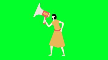 an animated woman holding a megaphone on a green screen video