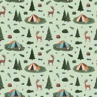 Outdoor weekend, camping in forest. Vector seamless pattern for tourism design, packaging, textile, wallpaper. Wildlife animals, nature scene.