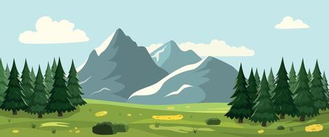 Cartoon nature landscape of spring meadows with flowers, forest trees, mountains on the horizon. Vector illustration.