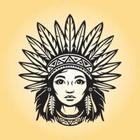 AI generated Native American Cute Women Face Silhouette illustration  in black and white vector