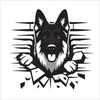 AI generated German Shepherd Dog looking breaks through a breakthrough wall Vector