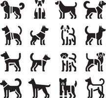 mínimo conjunto de un perro laico abajo diferente actitud vector icono en plano estilo negro color silueta, apartado cada elemento, blanco antecedentes 10