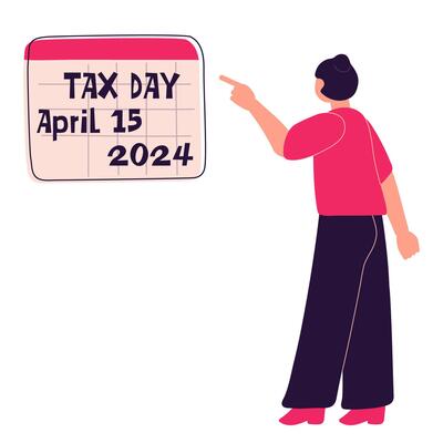 Woman Pointing at Tax Day Sign