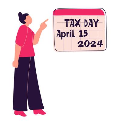 Woman Pointing at Tax Day Sign