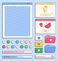 Set of Y2K summer theme retro computer windows, buttons, messages and other holiday and vacation interface elements with cheering phrases. Vector illustration.