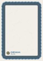 Vertical rectangular frame in denim style with fringe, topstitching, button. White textured background. Vintage style. A4 paper size. vector