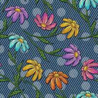 verano mezclilla modelo con manzanilla, polca punto ornamento detrás. floreciente flores con vástago en azul pantalones textura. maravilloso, hippie, ingenuo estilo para vestir, tela, textil, diseño vector