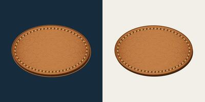 Leather oval empty label with stitching. Detailed textured vintage design element on black, white background. For denim style vector