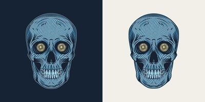 Human skull in denim style with blue jeans fabric texture and jeans buttons inside of eye sockets. Detailed composition in vintage style on black, white background. vector