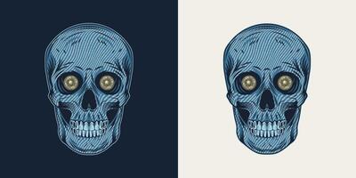 Human skull in denim style with blue jeans fabric texture and jeans buttons inside of eye sockets. Detailed composition in vintage style on black, white background. vector