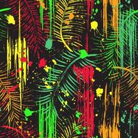 Seamless fantasy pattern with tropical foliage, palm leaves. Virtual surreal nature. Paint brush strokes, smashed, spattered paint of neon bright colors. Grunge style vector