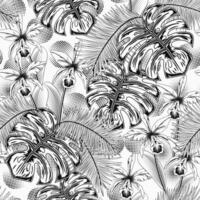 Seamless pattern with tropical vegetation, round halftone shapes on white background. Monstera, palm leaves, orchid. Detailed monochrome illustration for prints, apparel, clothing, surface design vector