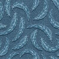 Seamless blue denim pattern with scattered feathers. Outline feathers on blue jeans textured fabric. Random monochrome composition. vector